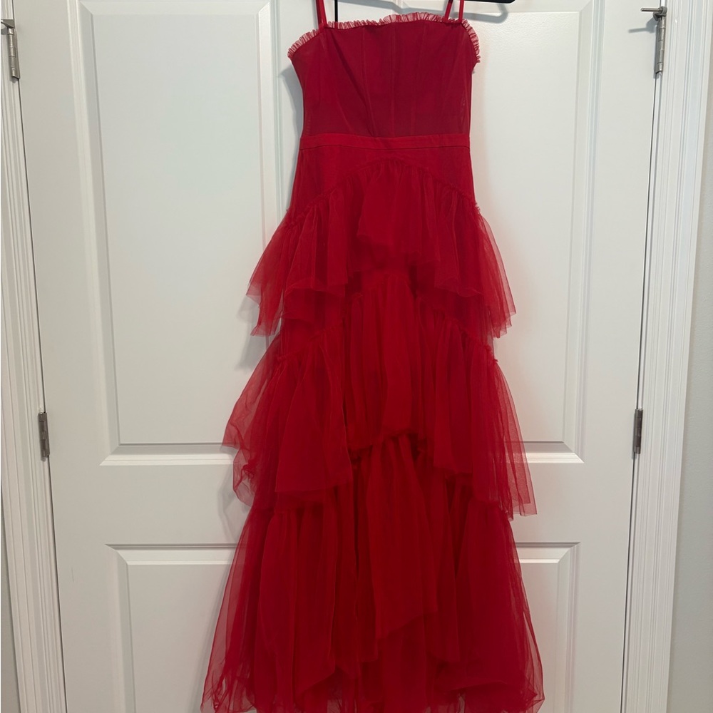 Betsy & Adam corset tiered mesh gown.